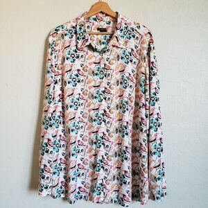 Talbots Floral Bird Button Front Tunic Top Roll Tab Sleeves Multi Size Womens 2X